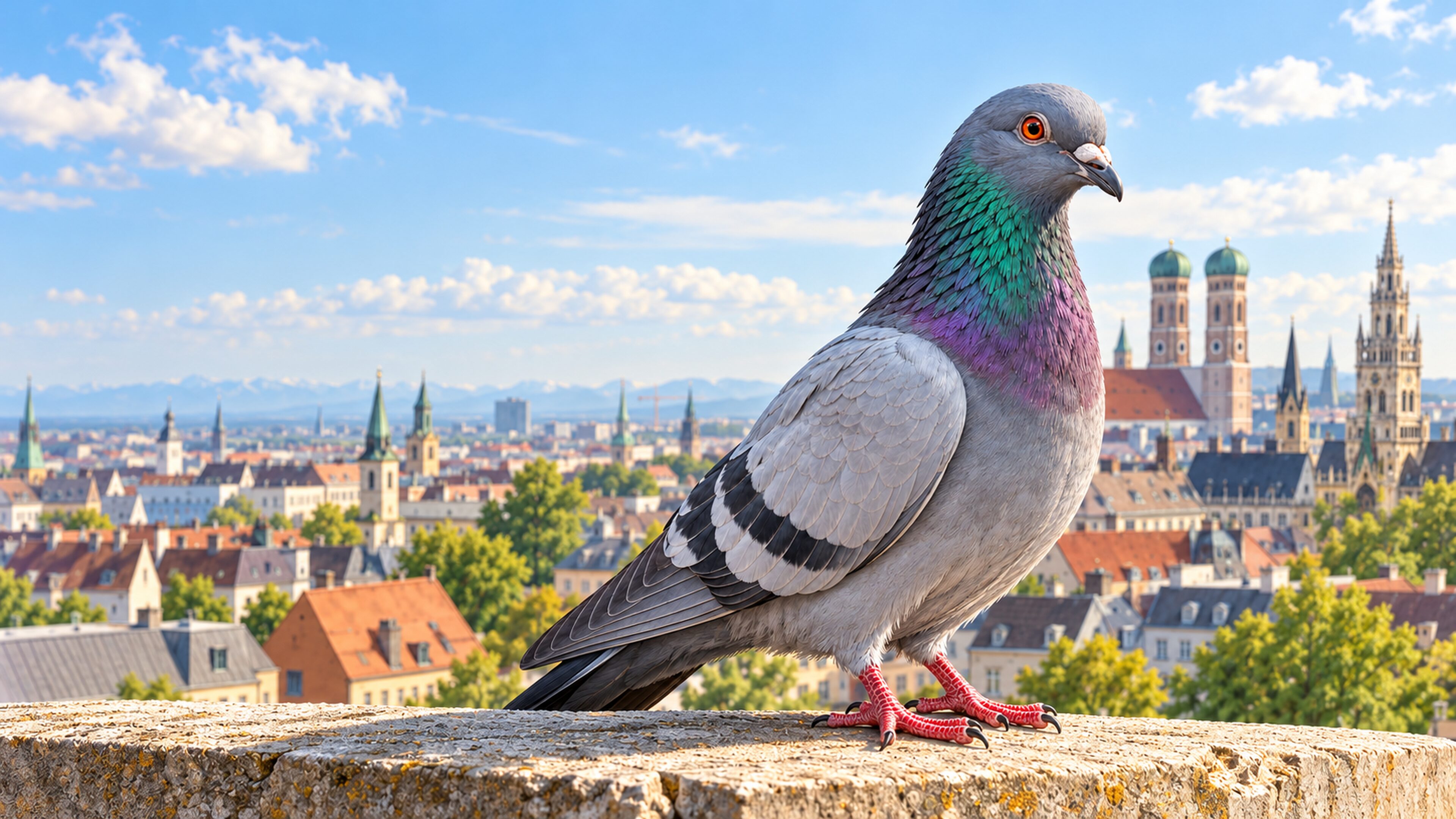 Brieftaube vor der Münchner Stadtkulisse