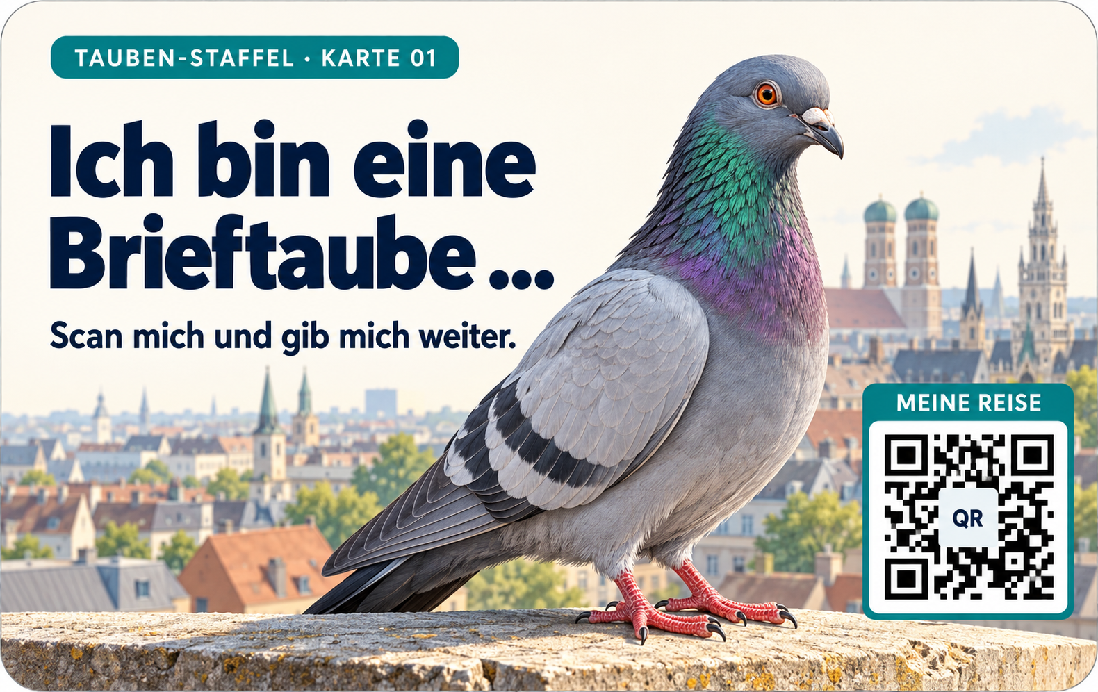Entwurf der CR80-Karte 01 mit Taubenmotiv, Aufruf zum Weitergeben und QR-Code-Platzhalter
